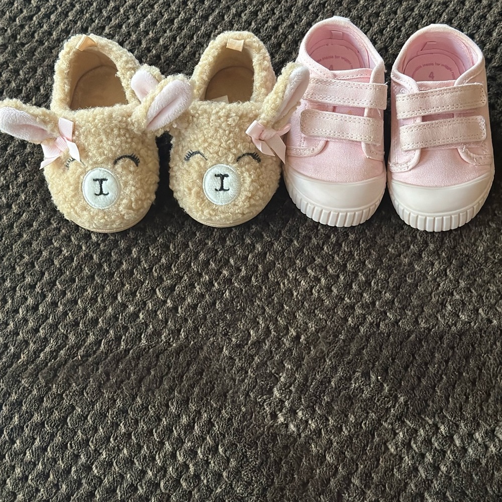 Toddler Girl Pink Play Shoes + Plush Bunny Slippers Bundle Size 4 Casual Baby
